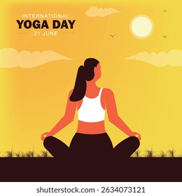 21 June Happy international yoga day poster with woman morning in meditation yoga pose