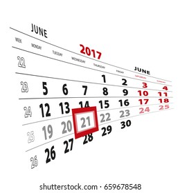 21 June highlighted on calendar 2017. Week starts from Monday. Vector Illustration.