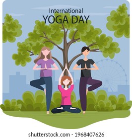 21 june international yoga day, young women doing yoga asana outdoor. Flat cartoon style multi cultural character