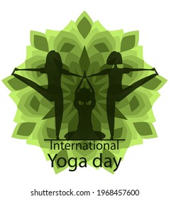 21 june international yoga day, young women doing yoga asana. Flat silhouette style poster or banner with monochrome mandala pastel colors background