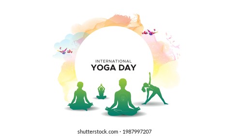 21 June international yoga day. People family doing breathing exercises, Ayurvedic yoga, meditation and enhancing immunity concept