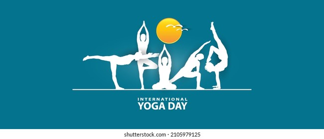 21 de junio - Día internacional del yoga, mujer en posición corporal de yoga. Vector