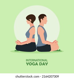 21 June International yoga day banner or poster with young couple sitting in meditation pose or lotus yoga pose on greensward. Vector illustration