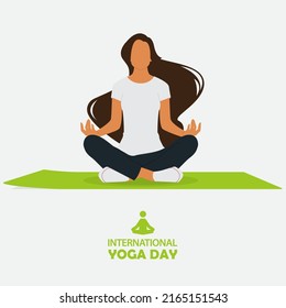 21 June International yoga day banner or poster with young long hair woman sitting in meditation pose, lotus pose or padmasana on green yoga mat. Flat cartoon in yoga pose. Vector illustration