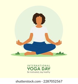 21 June International Yoga Day banner or poster with woman in meditation yoga poses on greensward. Flat cartoon in yoga or asana poses. Vector illustration