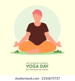 21 June International Yoga Day banner or poster with plus size woman in meditation yoga poses on greensward. Flat cartoon in yoga or asana poses. Vector illustration