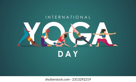 21 June International Yoga Day banner or poster with diversified women doing yoga poses on greensward. Flat cartoon in yoga or asana poses. Vector illustration