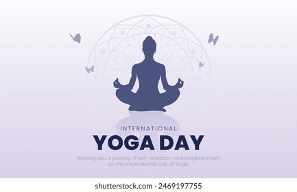 21. Juni - Internationaler Yoga-Tag Banner und Grußkarte Design. Moderner und eleganter Yoga Tag Kreativ mit Frau in Meditation Pose Vektorillustration