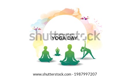 21 June international yoga day. People family doing breathing exercises, Ayurvedic yoga, meditation and enhancing immunity concept