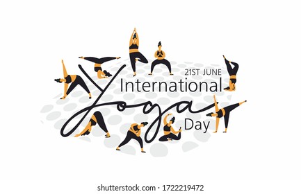 21 june- yoga day. Vector illustration,poster,flyer or banner of international yoga day. Women silhouettes set. Text.