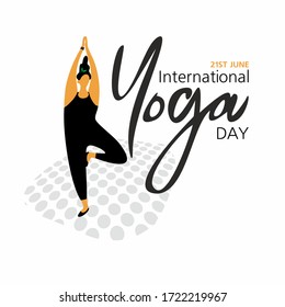 21 de junio: Día del yoga. Ilustración vectorial, afiche, volante o pancarta del Día Internacional del Yoga. Siluetas femeninas puestas. Texto.