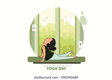 21 june-international yoga day, woman doing yoga pose on poster design for celebrating International Yoga Day
