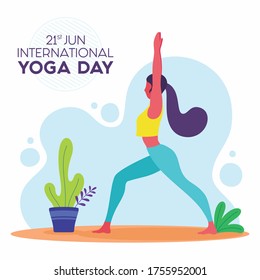 21 june-international yoga day. Women doing virabhadrasana yoga. Vector illustration. Young woman practicing yoga.