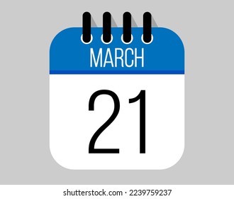 21 March calendar icon. Blue calendar vector for March weekdays. Calendar page design on isolated background