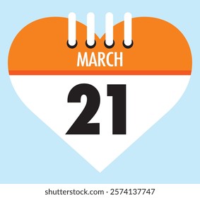 21 March calendar icon orange heart shape on light sky blue color background, calendar vector symbol for the month of March.