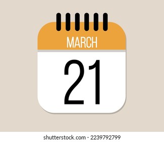21 March day calendar icon. Orange calendar vector on light background for March days