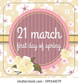 21 de março primeiro dia do texto da primavera, projeto de ilustração vetor de fundo sazonal, cartão de flores. Cartaz estilo retrô com tipografia, letras. 