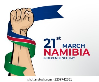 21 March. Vector illustration of Happy Independence Day greeting card for the country of Namibia with clenched fists and a flag ribbon. Use for banners on a white background.