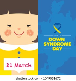 21 march - World Down Syndrome Day. Cartoon girl holding paper with written text of 21 march. Down Syndrome Awareness vector illustration.