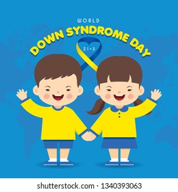 21 march - World Down Syndrome Day. Cartoon down syndrome children and world map. Down Syndrome Awareness vector illustration.