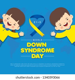 21 march - World Down Syndrome Day. Cartoon down syndrome children and world map. Down Syndrome Awareness vector illustration.