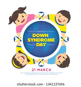 21 march - World Down Syndrome Day. Cartoon boy & girl hand in hand with down syndrome children. Down Syndrome Awareness vector illustration.