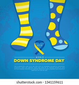 21 march - World Down Syndrome Day. Yellow  blue color sock with text and world map. Down Syndrome Awareness vector illustration.