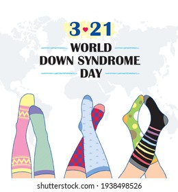 21 de marzo - Día Mundial del Síndrome de Down. Calcetines de diseño de diferentes colores y patrones con fondo de mapa del mundo. Concepto de conciencia sobre el síndrome de Down art. Ilustración vectorial plana.