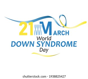 21 de marzo, Día Mundial del Síndrome de Down diseño vectorial con cinta azul amarilla y 3 cromosomas.   Plantilla para fondo, banner, tarjeta, afiche con inscripción de texto.  Cromosoma extra. Sensibilización sobre la Trisomía