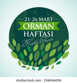 21 Mart Orman Haftası, Kutlu Olsun. 
Translation: International Day of Forest. March 21. greeting card, Vector Illustration.