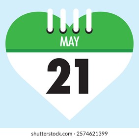 21 May calendar icon green heart shape on light sky blue color background, calendar vector symbol for the month of May.