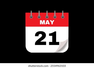 21 May calendar icon text page monthly web design on red, white and black background vector, icon, or illustration with the month of May 21