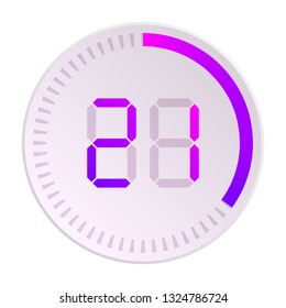 The 21 minutes, stopwatch vector icon, digital timer. Vector digital count down circle board with circle time pie diagram. Watch outline style design, designed for web and app.