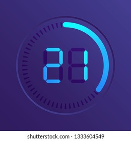 The 21 minutes, stopwatch vector icon, digital timer. Vector digital count down circle board with circle time pie diagram. Watch outline style design, designed for web and app.