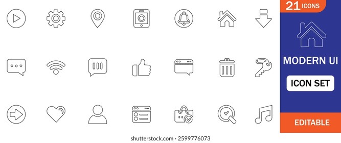 21 modern UI line icons for apps, websites and dashboards. Editable, scalable and  minimal. Works with Figma, Illustrator, Sketch and  more. Clean and  professional for any project.