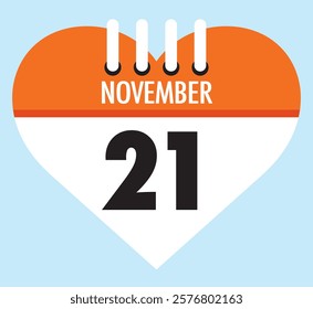 21 November calendar icon orange heart shape on light sky blue color background, calendar vector symbol for the month of November.