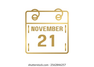 21 November calendar icon text page monthly web design on golden and white background vector, icon, or illustration with the month of November 21