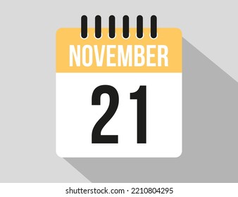 icono vectorial del calendario 21 de noviembre. Fecha de noviembre amarillo para los días del mes y la semana