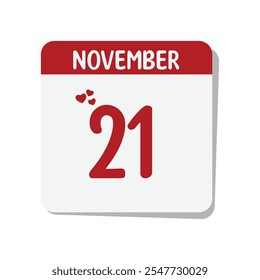 21 November date calendar icon with red hearts and white background