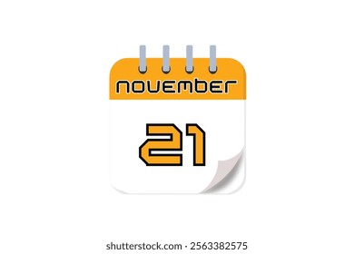 21 November month single day vector, illustration, calendar with yellow, black and white color background calendar November 21