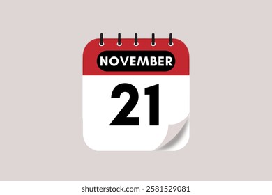 21 November month single day vector, illustration, calendar with rose red, black and off-white color background calendar November 21