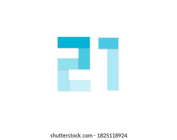 21 number, vector logo, paper cut desing font made of blue color tones .Isolated on white background. Eps10 illustration