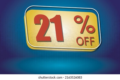 21, 21%, numeral 21 symbolizing the discount, 
on yellow plate and blue background with red number