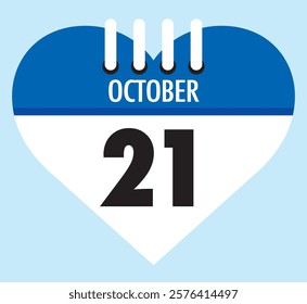 21 October calendar icon blue heart shape on light sky blue color background, calendar vector symbol for the month of October.