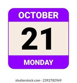 21 October, Monday. Date template. Useful design for calendar or event promotion. Vector illustration EPS 10 File. Isolated on white background. 