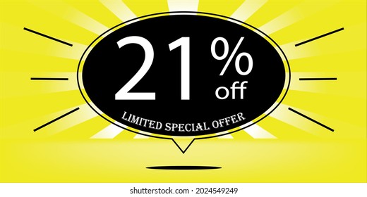 21% off black balloon and yellow, for limited special offer, yellow banner for special offers of promotions