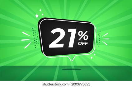 21% off. Green banner with twenty-one percent discount on a black balloon for mega big sales.