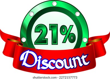 21% de descuento, disco verde y cinta roja, ilustración vectorial para mayorista y minorista, arte ilustrativo, ilustración hermosa, vector. ¡Dios es bueno!