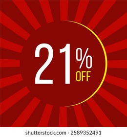 21% off label illustration featuring a red circular promotional label with white and yellow text on a red background - twenty one percent off limited time offer.