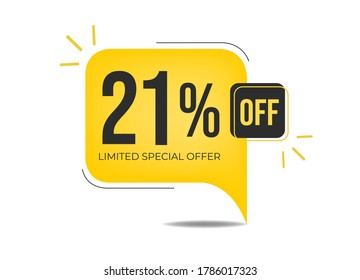 21% off limited special offer. Banner with twenty-one percent discount on a yellow square balloon.